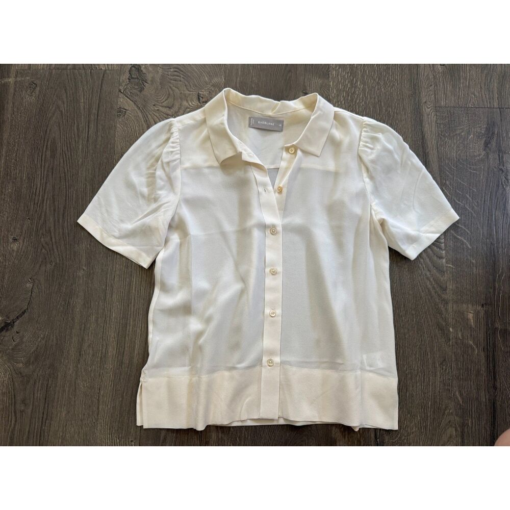 Everlane 100% Silk Puff Sleeve Collar Button-up Blouse Top Bone White Ivory 00